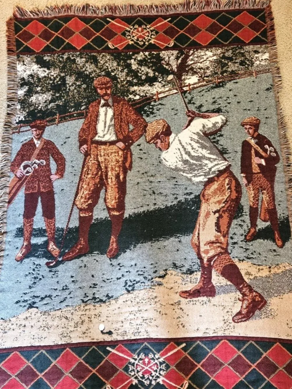 Goodwin Weavers 100% Cotton Golf Tapestry Afghan Throw Blanket Vintage Scene EUC